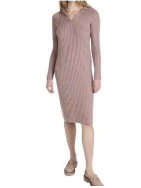 Vince Ribbed V-Neck Midi Dress - Dusty Rose